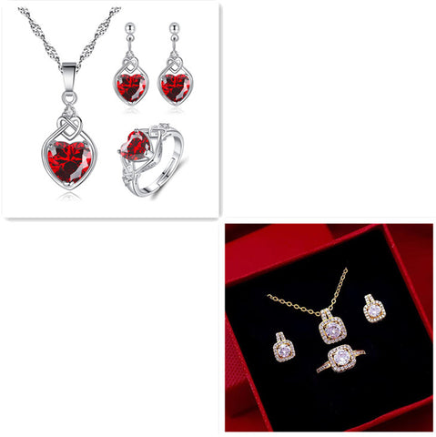 Fashion Jewelry Set Zircon Gem Pendant Chain Choker Necklace For Women Gold Color Stud Earring Statement Wedding Ring - Fashionner