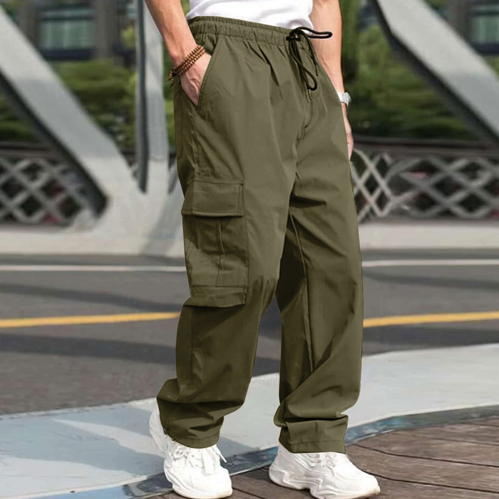 Casual Cargo Pants For Men Loose Straight Drawstring Waist Trousers With Pockets - Fashionner