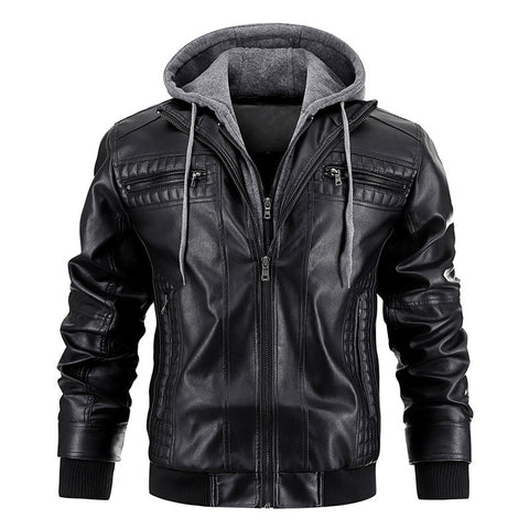 Veste à Capuche avec Poches Zippées Manteau en Cuir PU Tendance et Chaud pour Hommes
