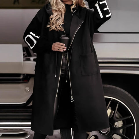 Trench-coat long pour femme avec capuche, poches et cordon de serrage, manches tricotées, couleur unie, pour l'automne et l'hiver