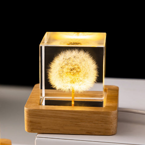 Veilleuse LED Fleur Boule de Cristal Lampe de Nuit pour Enfants avec Base en Bois Lumière Ambiante de Chambre Cadeau Créatif Veilleuse