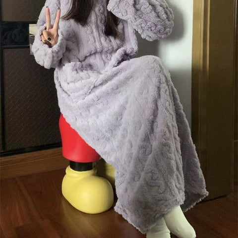 Robe de nuit longue en polaire corail pour femme, pyjama avec poches, robe jacquard épaissie, vêtements de maison chauds