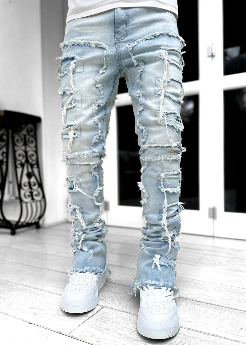 Men Trousers Individual Patched Pants Long Tight Fit Stacked Jeans For Mens Clothing - Fashionner