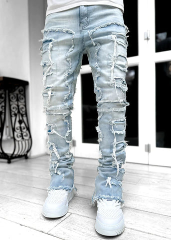 Men Trousers Individual Patched Pants Long Tight Fit Stacked Jeans For Mens Clothing - Fashionner