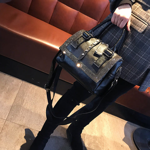 Soft Leather Handbag Large-capacity Cowhide Hot Rhinestone Handbags - Fashionner