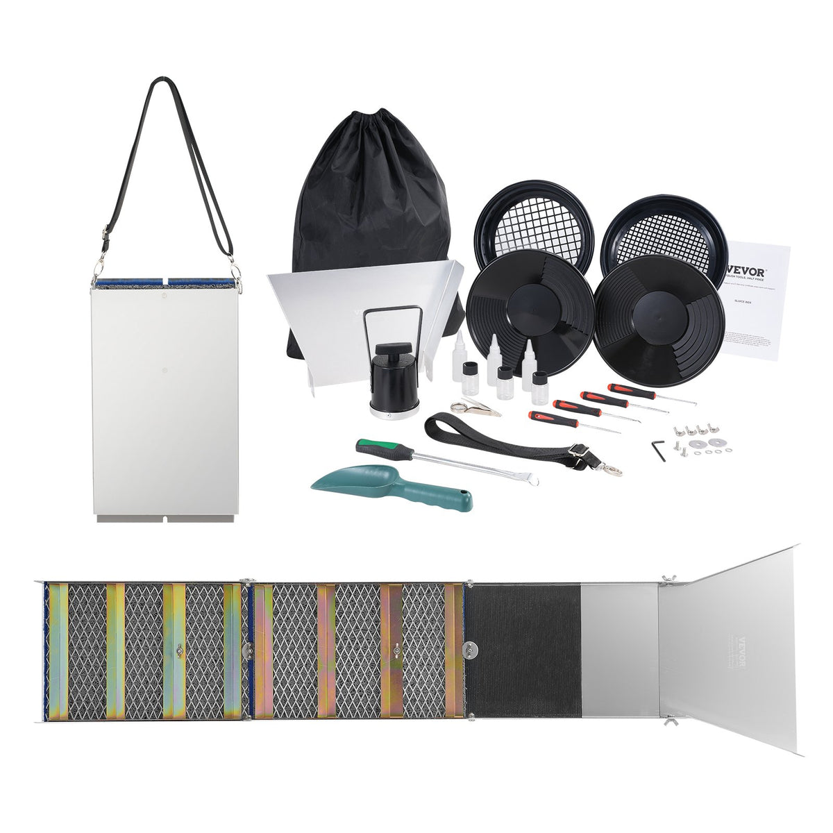 50 Inch Folding Sluice Box Gold Panning Kit, 23pc Gold Prospecting Equipment Kit With Gold Pan, Classifier Screen, Separating Magnet, Backpack And More