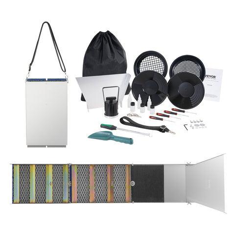 50 Inch Folding Sluice Box Gold Panning Kit, 23pc Gold Prospecting Equipment Kit With Gold Pan, Classifier Screen, Separating Magnet, Backpack And More