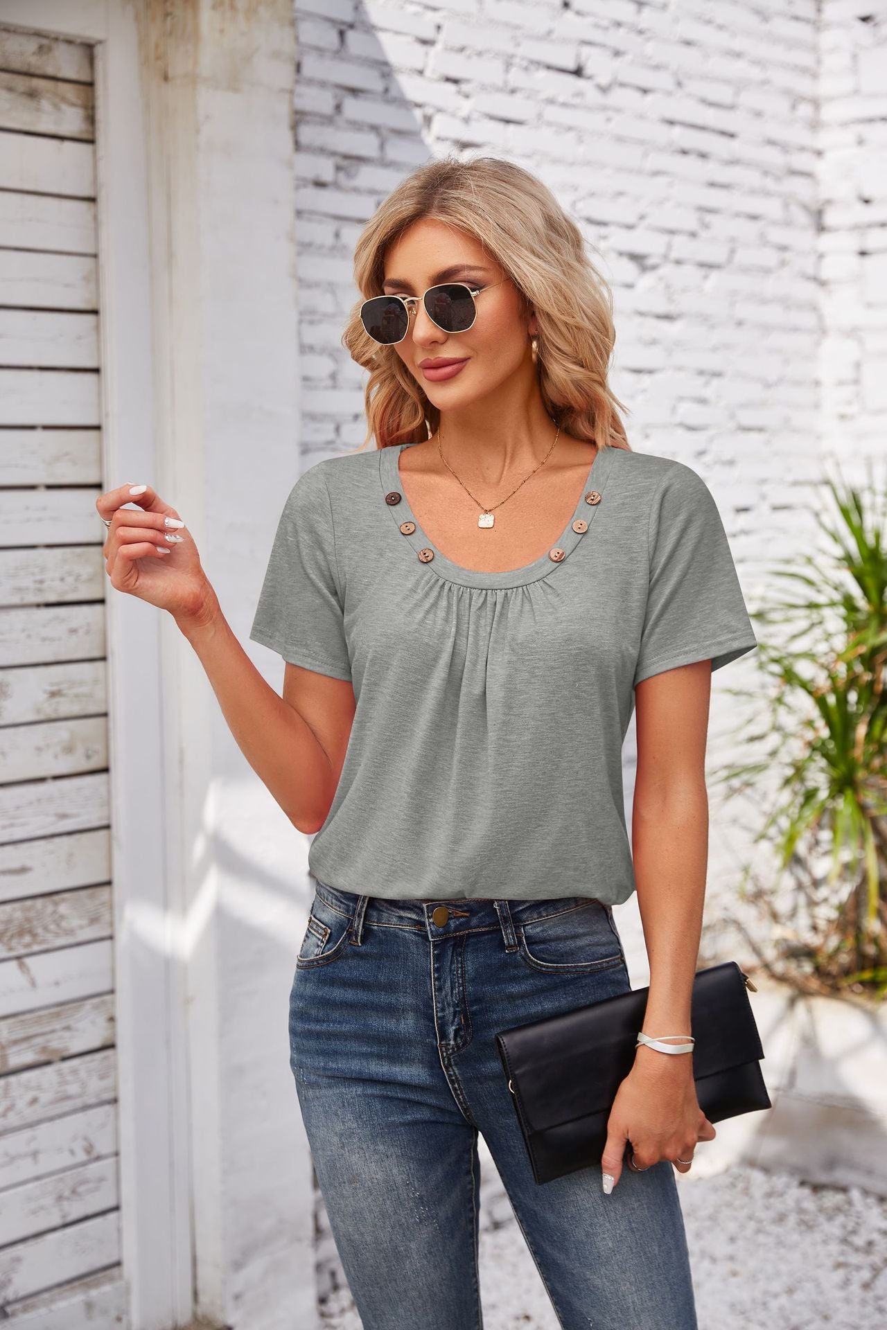 Women's Short-sleeved T-shirt Summer Button Square Collar Pleated Design Solid Color Loose T-shirt Womens Clothing - Fashionner