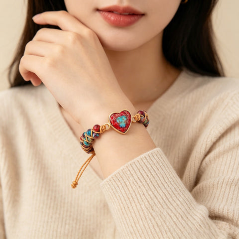 Buy Hand-Woven Natural Stone Imperial Heart Bracelet, Adjustable online at Fashionner.