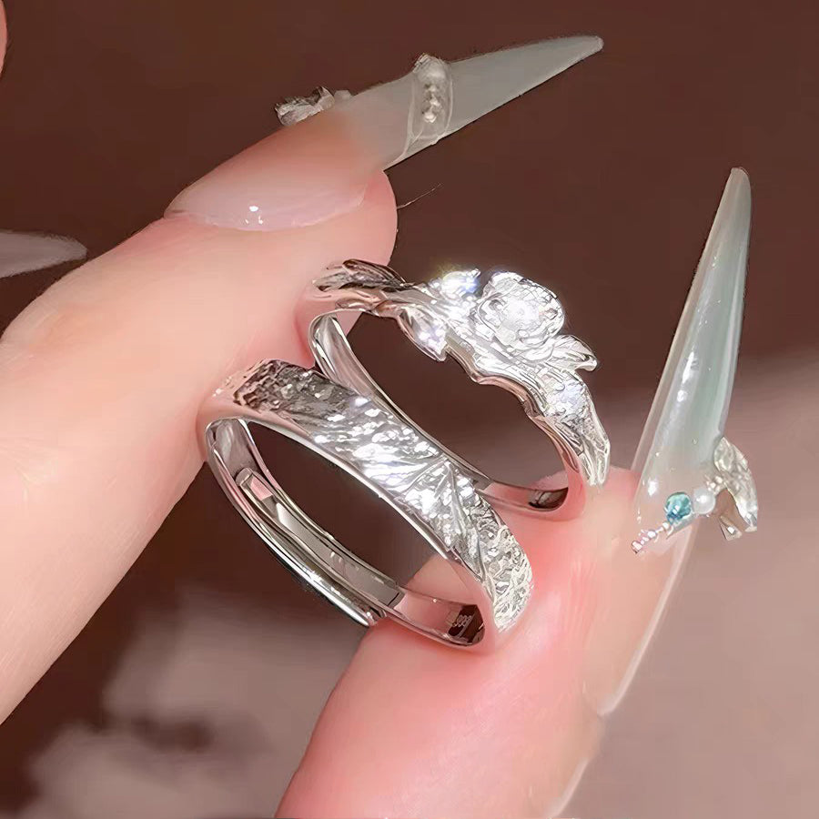 Buy 1 Pair 999 Sterling Silver Snow Mountain Rose Couple Rings, Romantic Carved Design, For Daily Wear & Valentine'S Gifts online at Fashionner.