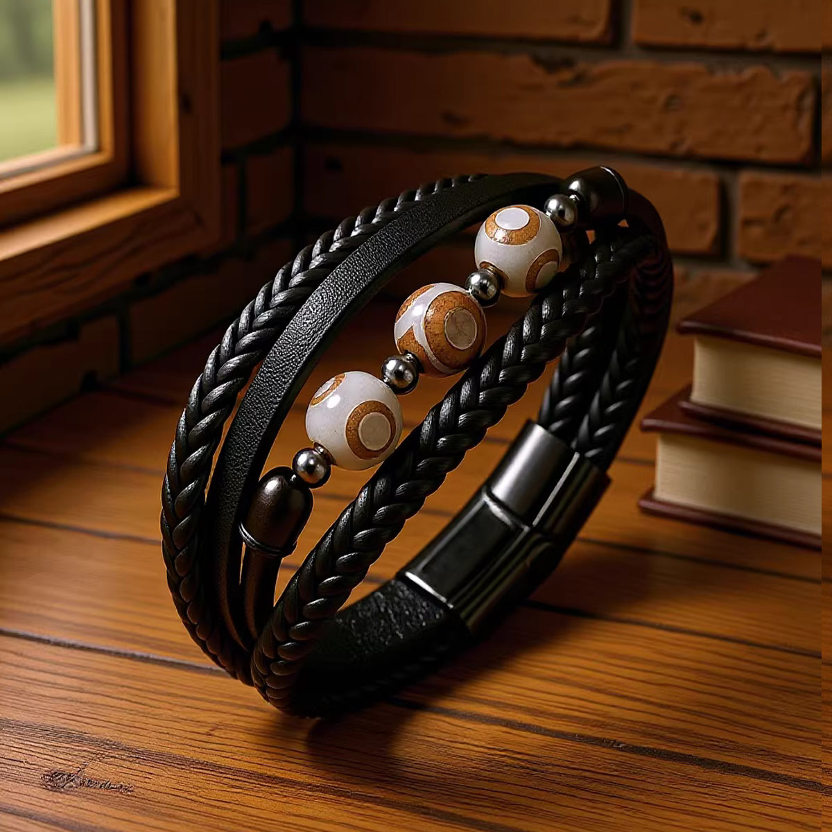 Buy Stainless Steel Three-Eyed Dzi Bead Hand-Woven Men'S Leather Bracelet online at Fashionner.