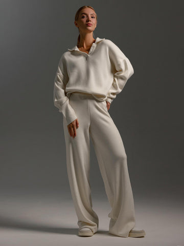 Ensemble deux pièces automne hiver pour femme, simple, ample, de couleur unie, ensemble pull col montant, mode décontractée, ensemble de sport.