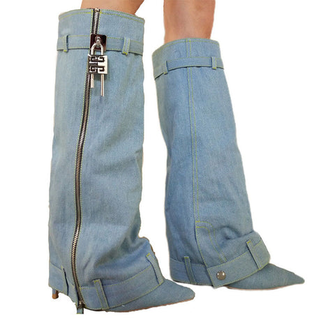 Pointed Female Fashion Metal Buckle Flanging Zipper Casual High Leg Boot - Fashionner