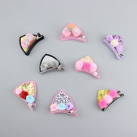 Lot de 2 jolies pinces pour filles, fleurs en tissu feutre pailleté arc-en-ciel, épingles à cheveux oreilles de chat lapin, accessoires pour cheveux pour enfants