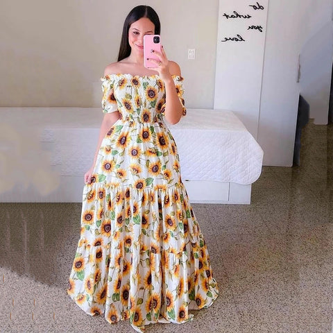 Robe longue florale élégante sans épaules pour femme
