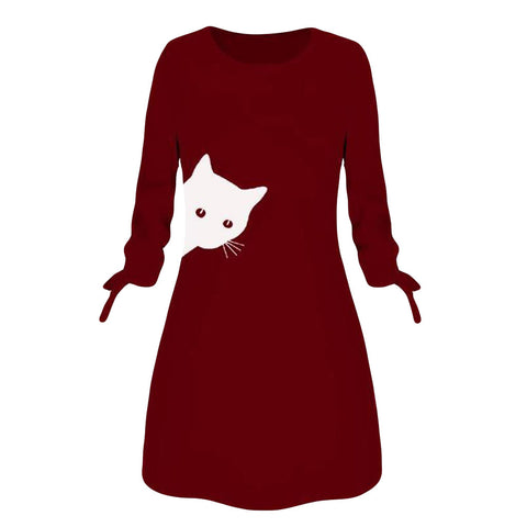 Women Elegant Dress Cat Print Bow O Neck Long Sleeve Party Mini Dresses Casual Ladies Elegant Dress Autumn Spring Dresses - Fashionner