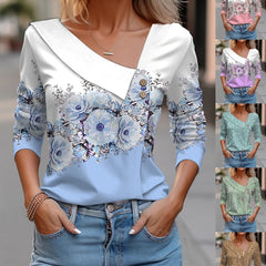 V-neck Long Sleeve T-shirt Floral Print Casual Women's Tops - Fashionner
