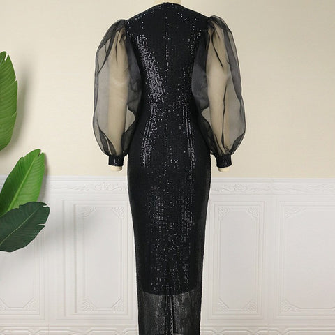 Lantern Sleeves Stretch Sequin Party Mid-length Dresses For Women - Fashionner