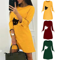 Women Elegant Dress Cat Print Bow O Neck Long Sleeve Party Mini Dresses Casual Ladies Elegant Dress Autumn Spring Dresses - Fashionner