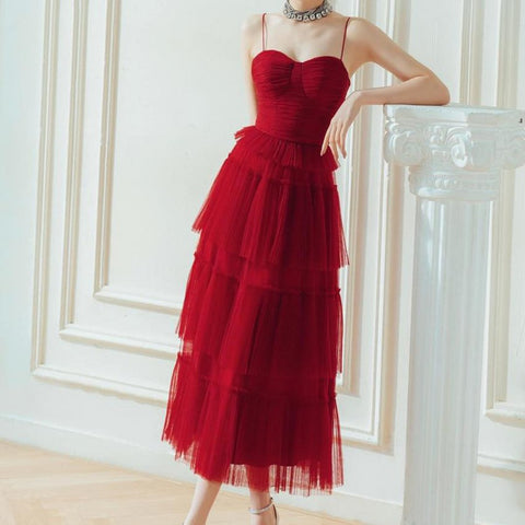 Suspender Spread Chest Temperament Dark Red Flowing Small Dress Long Skirt - Fashionner