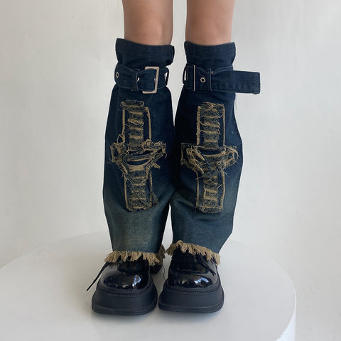 Hot Girl Design Denim Washed Horn Leg Warmer Foot Sock Slimming - Fashionner