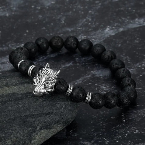 Bracelet Asgard en pierre de lave et tête de loup grise