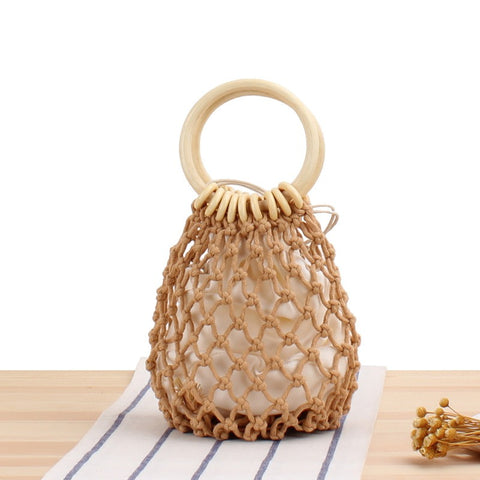 Nouveau sac filet de couleur unie, sac tissé à la main, sac de forêt en fil de coton noué à la main, sac de plage de vacances au bord de la mer