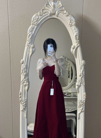 Small Plus Size Wine Red Puff Sleeve Princess High-grade Evening Dress - Fashionner