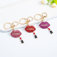 Fashion New Diamond Red Lip Lipstick Keychain Pendant