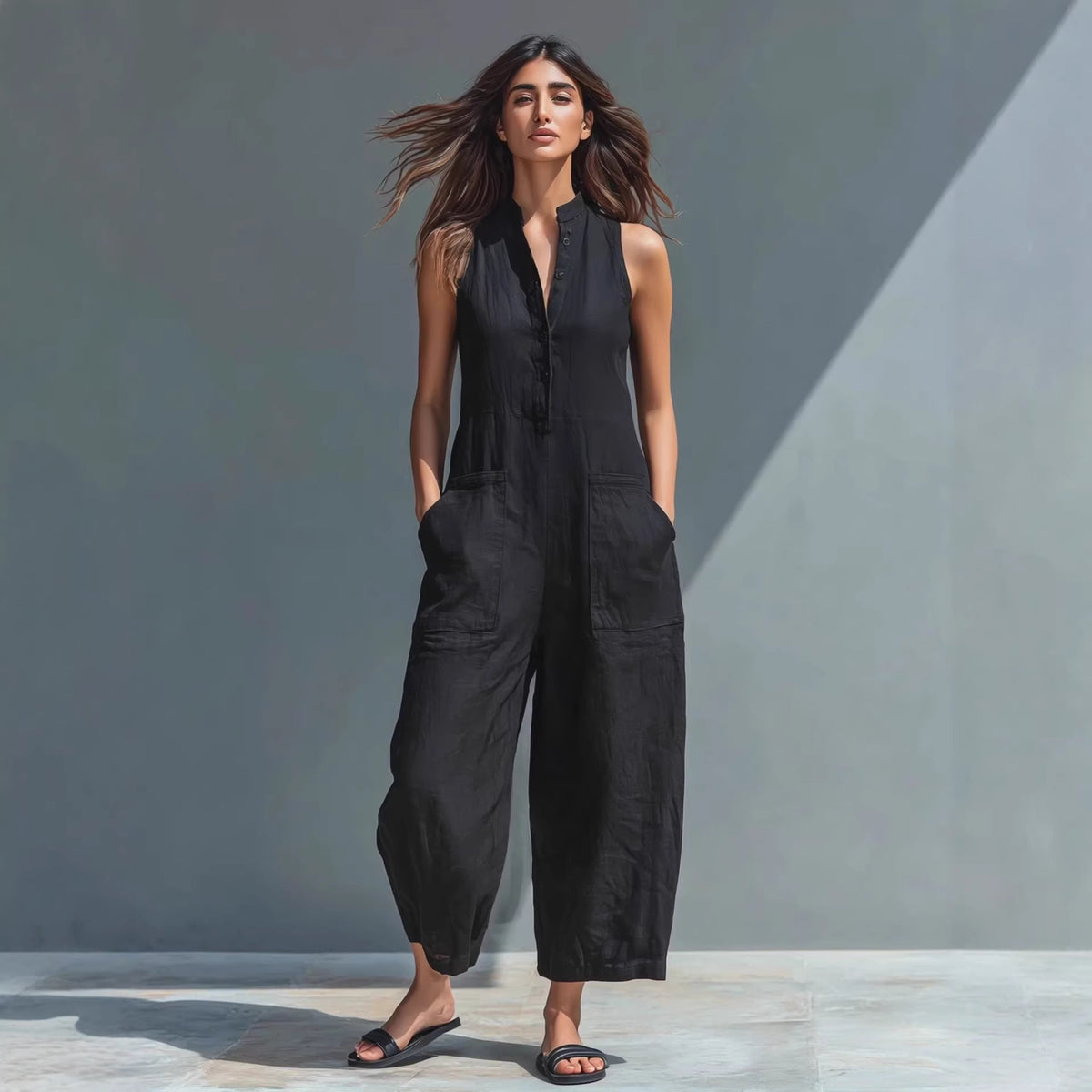 Buy Summer Sleeveless Jumpsuit With Pockets Fashion Casual V-Neck Buttons Trousers Women'S Overall Pants online at Fashionner.