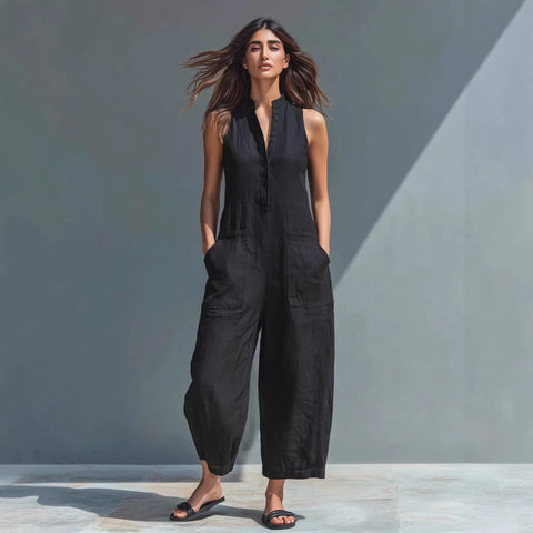 Buy Summer Sleeveless Jumpsuit With Pockets Fashion Casual V-Neck Buttons Trousers Women'S Overall Pants online at Fashionner.