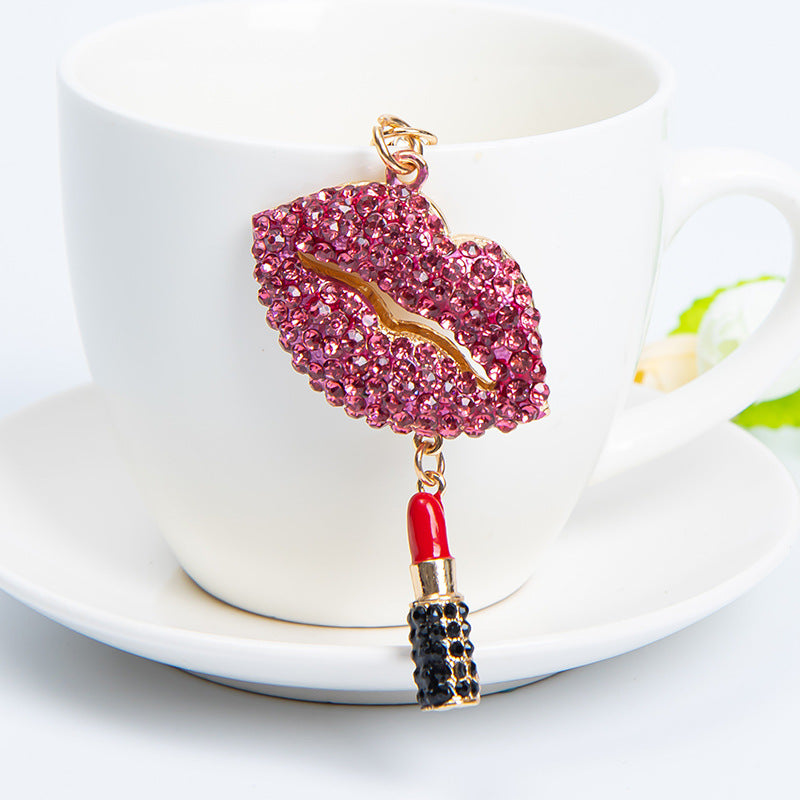Fashion New Diamond Red Lip Lipstick Keychain Pendant
