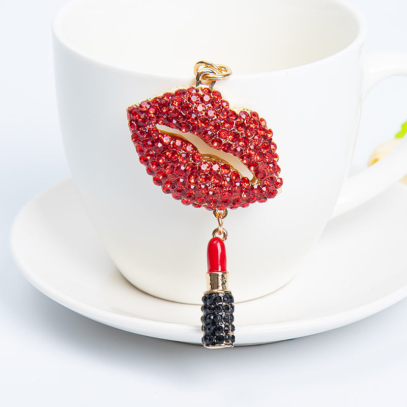 Fashion New Diamond Red Lip Lipstick Keychain Pendant