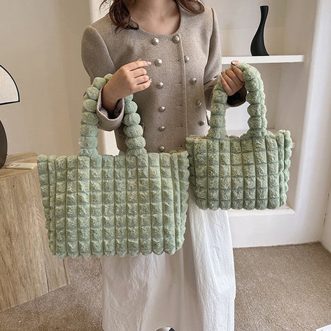 Plaid Handbags Winter Fashion High Capacity Shopping Plush Bag Korean Style Personalized Designer Luxury Tote Bags For Women - Fashionner