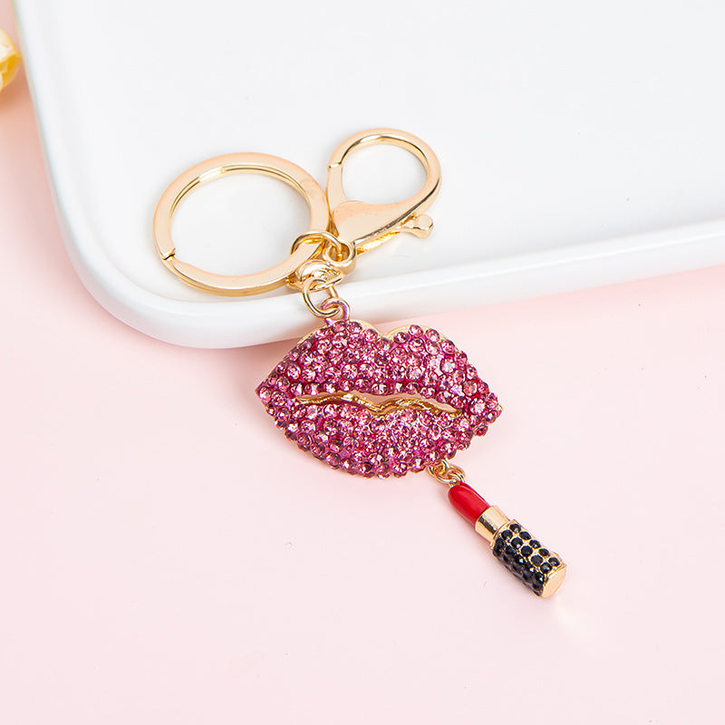 Fashion New Diamond Red Lip Lipstick Keychain Pendant