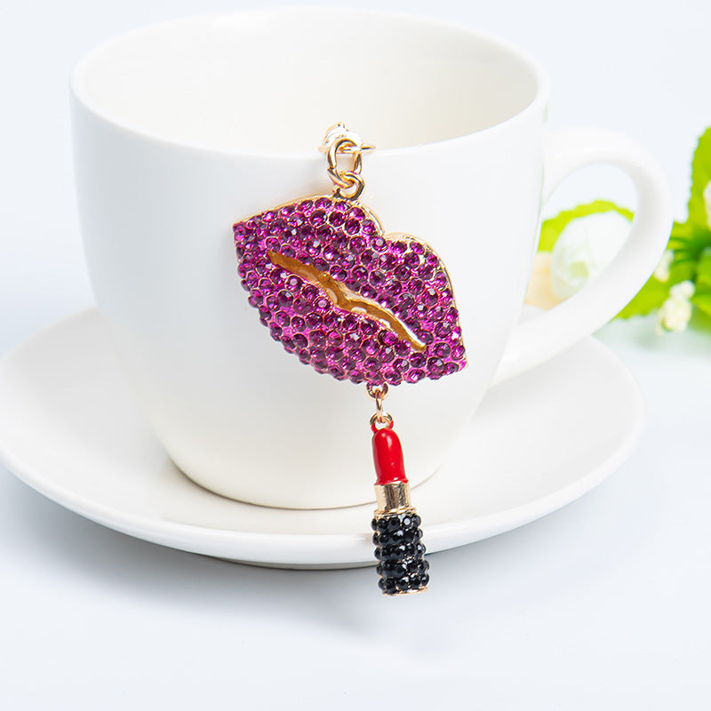 Fashion New Diamond Red Lip Lipstick Keychain Pendant