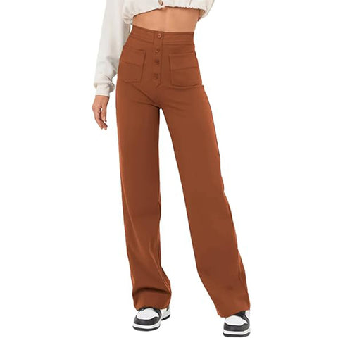 Women's Clothing High Waist Pocket Wide Leg Button Casual Loose Straight Trousers - Fashionner
