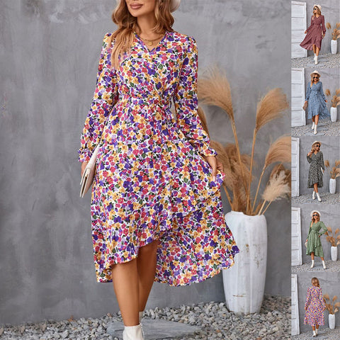 Robe à manches longues à imprimé floral, style pendulaire à volants, tempérament élégant, vêtements pour femmes