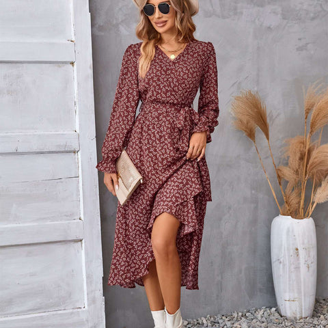Robe à manches longues à imprimé floral, style pendulaire à volants, tempérament élégant, vêtements pour femmes