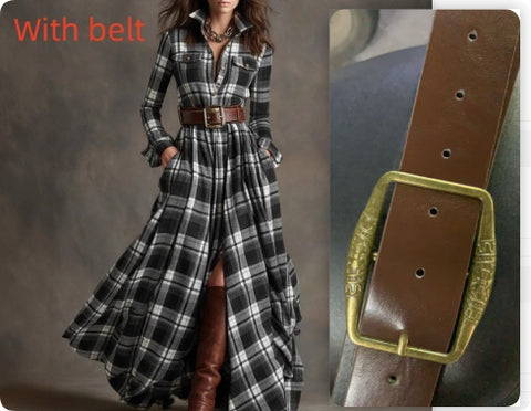 Ins Plaid Print Long-Sleeved Dress Fashion Pockets Collared Buttons Shirt Long Dresses Retro Women's Clothing