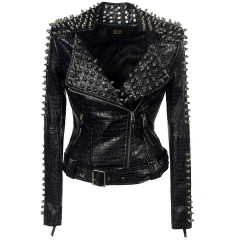European And American Plus Size Rivet Short Stitching Motorcycle Leather Coat - Fashionner