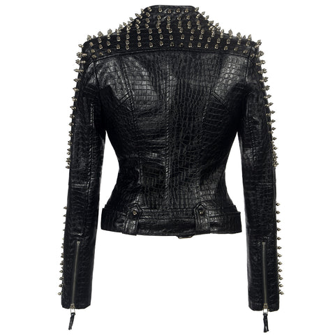 European And American Plus Size Rivet Short Stitching Motorcycle Leather Coat - Fashionner