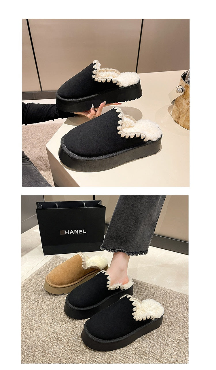 Thick-soled Snow Boots Ethnic Style Lace Short Warm Cotton-padded Shoes Slippers - Fashionner