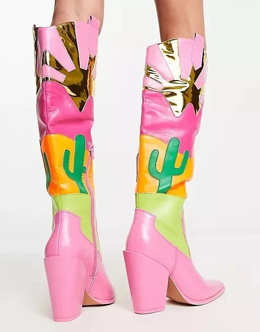 Ins Fashion Runway Chunky Heel Multi-color Mosaic Boots - Fashionner