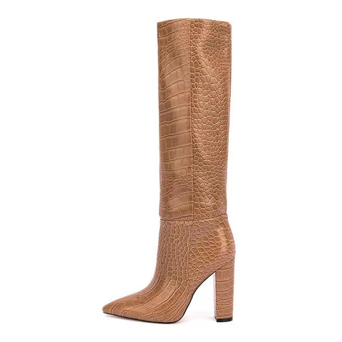High Leg Boot Chunky Heel European And American Crocodile Pattern - Fashionner