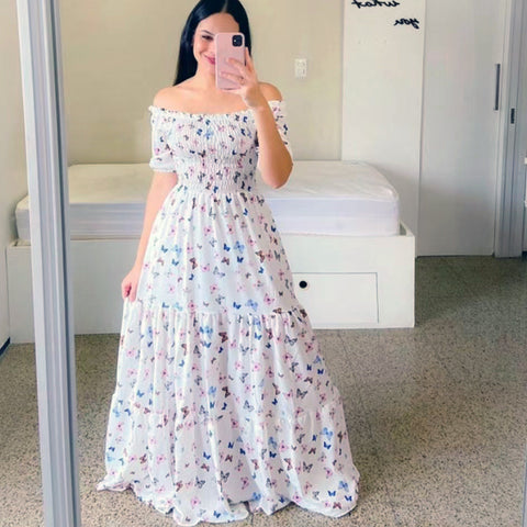 Robe longue florale élégante sans épaules pour femme