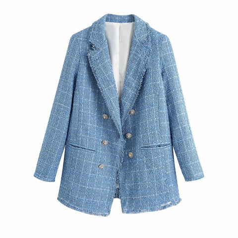 Veste de blazer femme ample en tweed rétro, style décontracté streetwear féminin