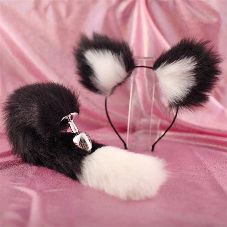 40cm black tailed white pointed bicolor fun plush hair clip with ear role-playing metal anal plug expansion - Fashionner