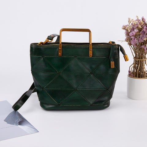 All-match Geometric Stitched Cowhide Women's Bag Work Commute Literary Handbag - Fashionner