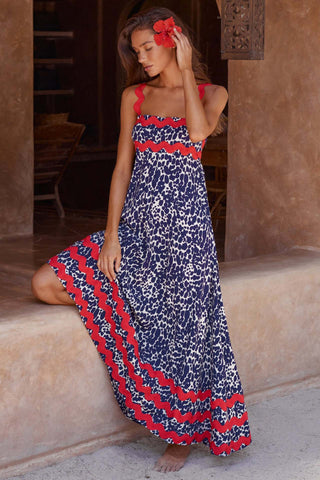 Flowers Print Wavy Pattern Suspender Long Dress For Women Fashion A-Line Beach Dresses Womens Clothing - Fashionner